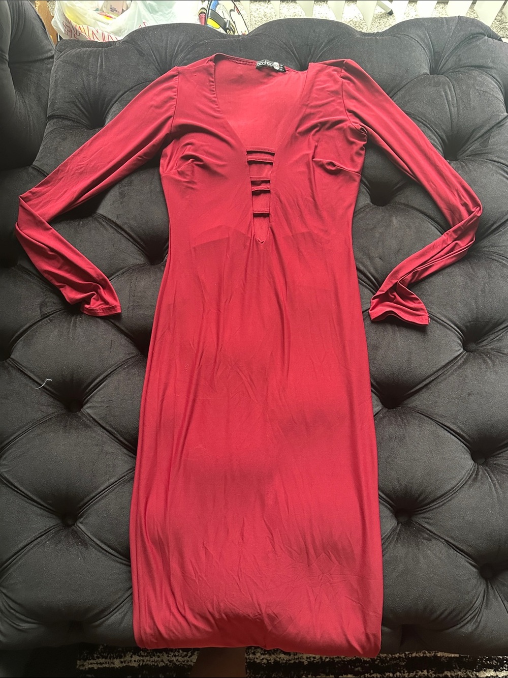 Women’s burgandy Long Sleeve Plunge Midi Dress
